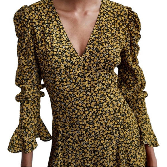 NWT ZARA Floral Yellow and Black Mini Dress - Long Sleeve V-Neck (Size XS) - Picture 3 of 7